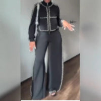 Stylish Relaxed-fit Wide-leg Pants With An Elegant Pearl-accented Set