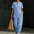Womens Comfortable Linen Two-Piece Set Button-Up Shirt And Wide-Leg Pants