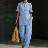 Womens Comfortable Linen Two-Piece Set Button-Up Shirt And Wide-Leg Pants