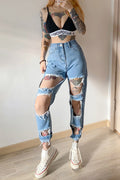 Ripped raw high-rise jeans