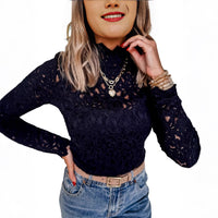 Womens Fashionable Lace Long-Sleeve Solid-Color Pullover Turtleneck Base Layer Shirt