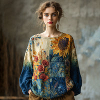 Womens 3D-printed Crew-neck Long-sleeve Retro Bohemian Top