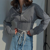 Striped Lapel Fitted Waist Short-length Long Sleeves