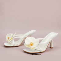 White Flower Decorative Flip-toe Square Toe High Heel Sandals