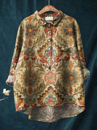 Lapel Long Sleeve Shirt Vintage Floral Flower T-shirt Shirt