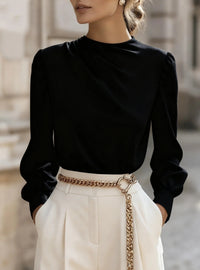 Simple Commuting Temperament Pleated High-neck Lantern Sleeve Blouse For Women