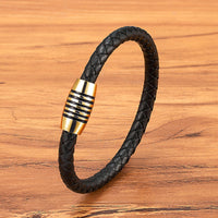 Men's 6mm Stainless Steel Magnetic-Clasp Leather Braided Bracelet