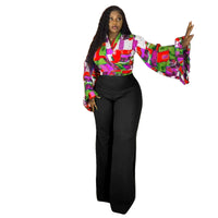 Plus-size Printed Flared-sleeve Top And Wide-leg Pants Two-piece Set