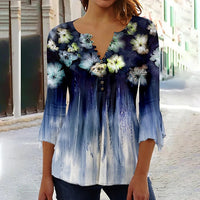 Women's Floral Printed 34 Sleeves V-neck Buttons Shirt