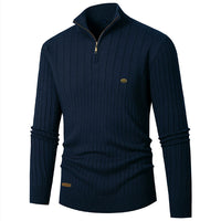 Men's Knitwear Half Zipped Stand Collar Striped Sweater