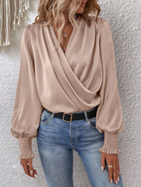V-neck Pleated Lantern-sleeve Solid-color Blouse For Womenelegant And Professional