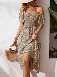 New European And American-style Square-neck Puffed-sleeve Floral-print Dress