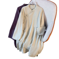 New Chinese-style Slant-Collar Button-Loop Tie Cotton-Linen Shirt For Women