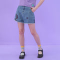 Aqua blue denim printed shorts