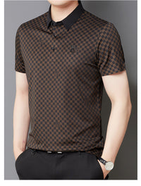 Men's Lapel Plaid Printed Seamless High Elasticity Ice Silk Short Sleeve