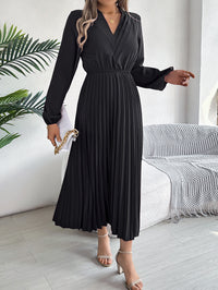 Women's Elegant Triple V Neck Long Sleeve Tie Waist Pleated Maxi Dress