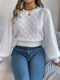 Solid Color Cable Knit Lantern Sleeve Cinched Pullover Sweater