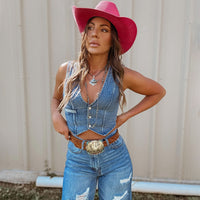 Women's Sleeveless Single-breasted V-neck Denim Vest