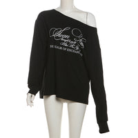 Womens Street-Style Letter-Print Off-Shoulder Short-Sleeve Loose Blouse