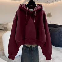 Dark Coffee Color Casual Short Hooded Hoodie