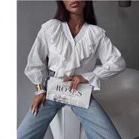 Polyester Women's V-neck Flounce Long Sleeve Shirt