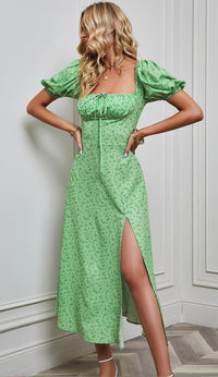 Puff-sleeve Strapless Floral Print Split Dress With Tie Closure And Short Sleeves
