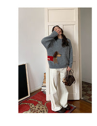 Dog Jacquard Retro Crew Neck Pullover Sweater