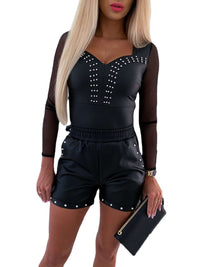 Thin Large Size Loose High Waist Rivet PU Leather Pants