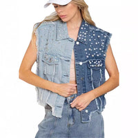 Splicing Beads Loose Women's Short Denim Vest