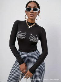 Rib Knitted Skull Rhinestone Top