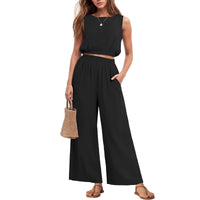 Womens Casual Round-Neck Sleeveless High-Waist Wide-Leg Two-Piece Set With Elastic Hem