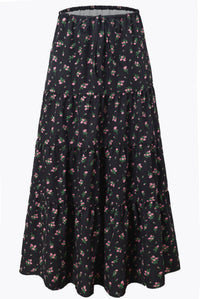 High-waisted Elastic-waist Tie-closure Loose-fit Patchwork Skirt