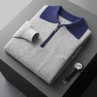 Foreign Trade Men's Autumn And Winter Contrast Color Wool Knitted Half-open Polo Long-sleeved Fleece Sweater