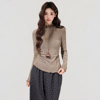 Women's Brown Semi-high Neck Ruffled Waist-cinching Long-sleeved Base Shirt
