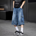 American-style Loose-fit Multi-pocket Workwear Denim Capri Pants
