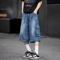 American-style Loose-fit Multi-pocket Workwear Denim Capri Pants