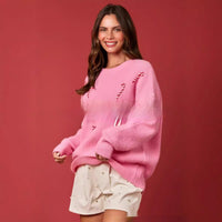Christmas Embroidered Long Sleeve Pullover Round Neck Loose Top