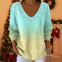 Womens 3D Digital-Print Drop-Shoulder V-Neck Long-Sleeve Pullover Top