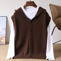 Hooded Cardigan Men's Waistcoat Pure Wool Sleeveless Knitted