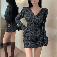 Womens French-Style V-Neck Leopard-Print Long-Sleeve Dress