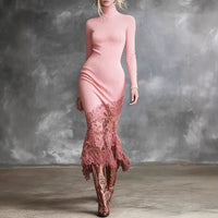 Turtleneck Knit Dress With A Lace Hema Sophisticated Mid-length Skirt
