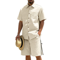 Mens Short-Sleeve Button-Down Shirt Drawstring Shorts Two-Piece Set