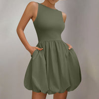 Round-neck Puffy Skirt Solid-color Ruffled Hem Zip-detail Sleeveless Dress
