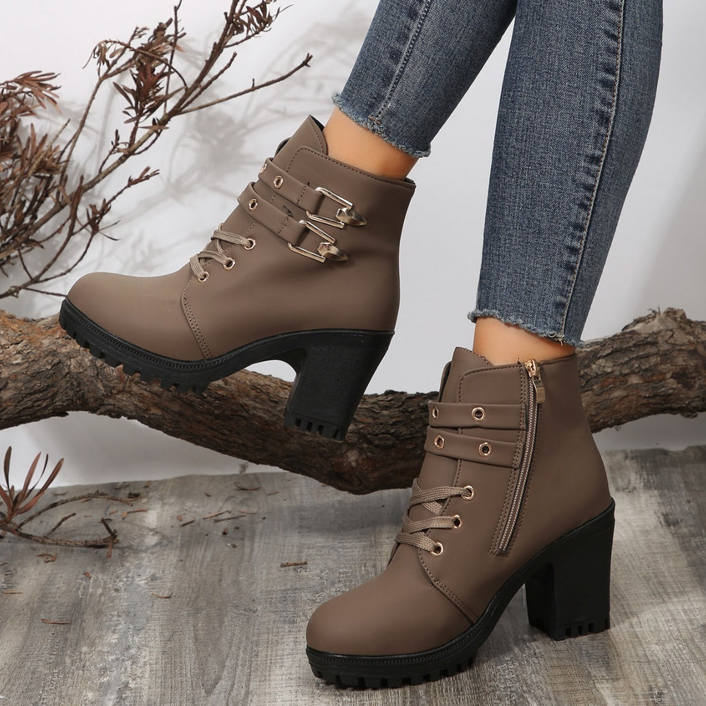 Autumn Round Head Chunky Heel High Heel Leisure Platform Lace Up Booties