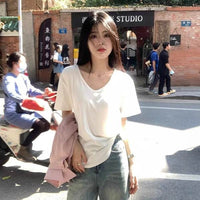 White V-neck Shoulder T-shirt For Women
