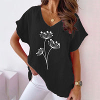 Womens Casual Cotton-Linen Short-Sleeve Batwing T-Shirt With Floral Print And V-Neck