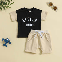 Children's Round Neck Letter Print Top Solid Color Shorts Two-piece Set