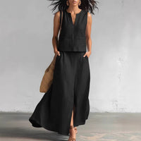 A Simple And Elegant Two-piece Set Featuring A V-neck Top And A Skirt