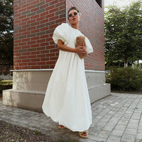 Loose Casual Round-neck Dress With Puff Sleeves