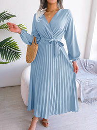 Women's Elegant Cross V Neck Flowy Pleated Maxi Dress